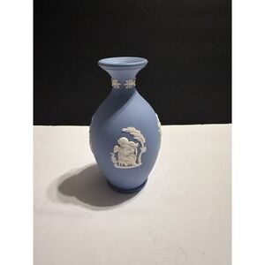 Wedgwood Blue Jasperware Vase White Relief Cherub England 5"